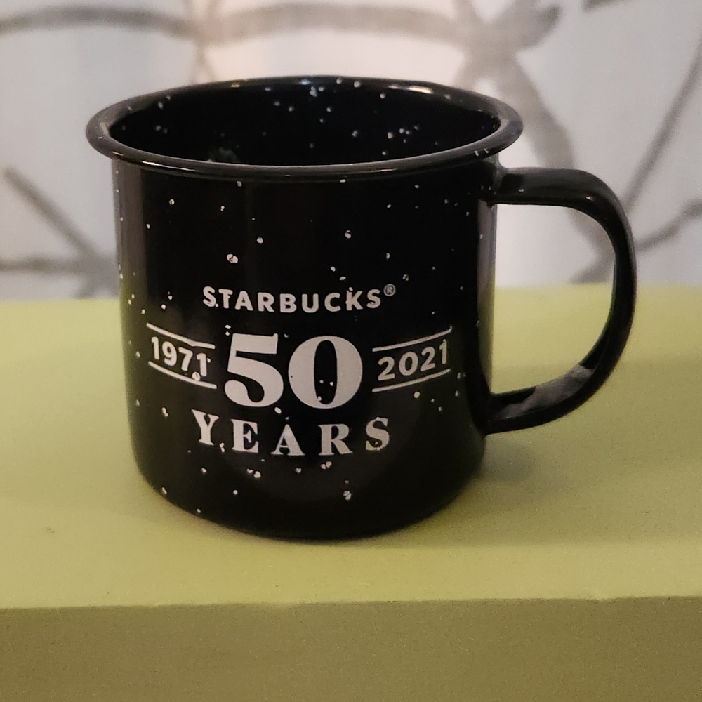 Starbucks black tin 3 oz 50th Anniversary mug.